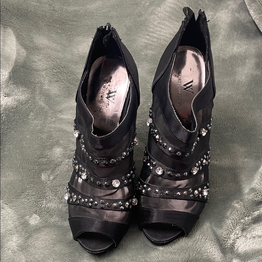 Worthington Black Peep-Toe Heeled Boots with Rhinestones